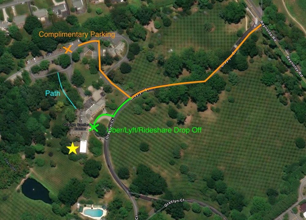 Satellite map of Graylyn Estate. Orange marks the driving route to complimentary parking, light blue marks the walking path from parking, green X marks rideshare drop-off, and a gold star marks the ceremony location.